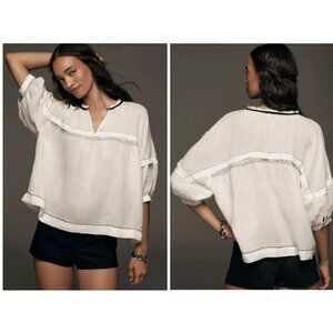 ANTHROPOLOGIE Maeve Ballon-Sleeve V-Neck Stitched Blouse